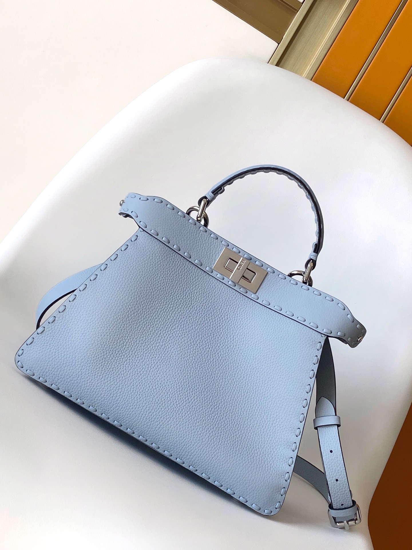 Fendi Peekaboo ISeeU Small Light Blue Selleria Bag with 556 Hand-sewn Topstitches